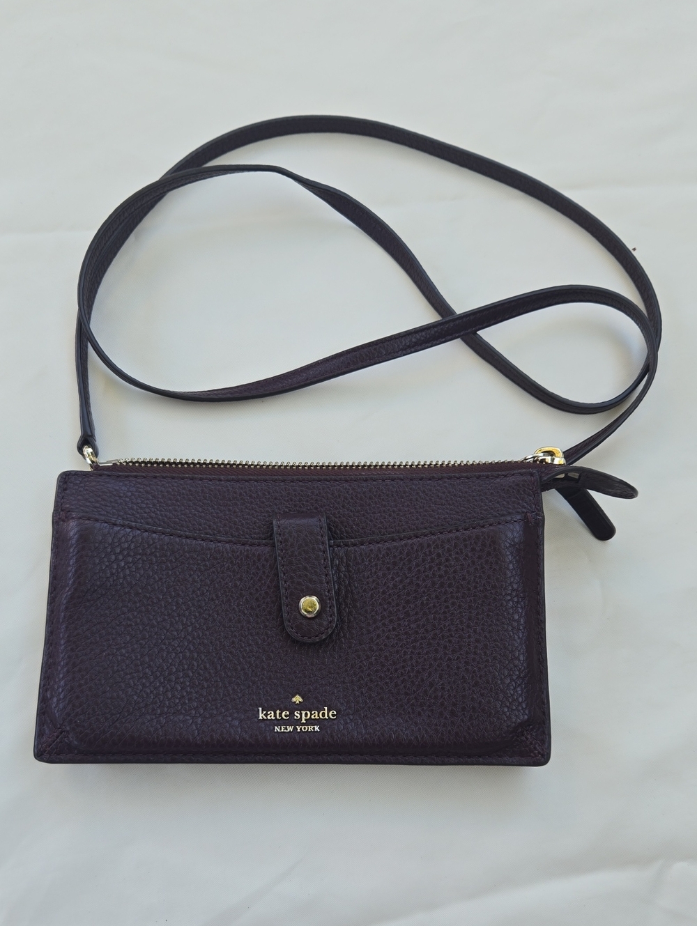 kate spade Plum Pebbled Leather Crossbody Wallet with Gold Hardware